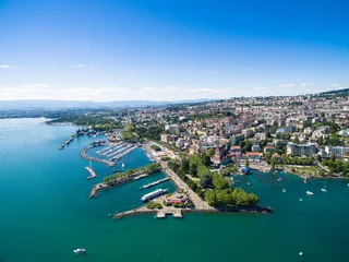 Zelfklevend Fotobehang Aerial view of Ouchy waterfront in  Lausanne, Switzerland © Samuel B.