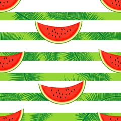 Slices of watermelon on a striped background.Seamless illustration.