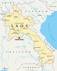 Laos political map with capital Vientiane, national borders, important cities, rivers and lakes. Also known as Muang Lao, a landlocked country in Southeast Asia. English labeling. Illustration.