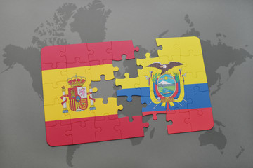puzzle with the national flag of spain and ecuador on a world map background.