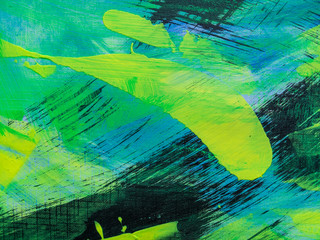 bright yellow, green and blue neon acrylic colors on paper with visible brush strokes