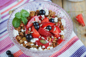 Dessert with fresh berries, cottage  cheese, granola and berries