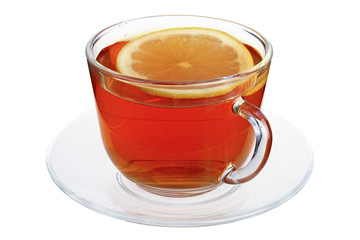 Cup of tea with lemon on white backrgound
