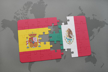 puzzle with the national flag of spain and mexico on a world map background.