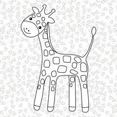 Coloring page Little cute giraffe stands and smiles with hearts on background for kid colouring book. Vector illustration