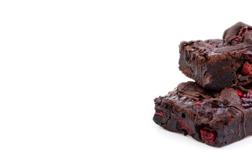 Delicious vegetarian brownie with cherries isolated on white bac