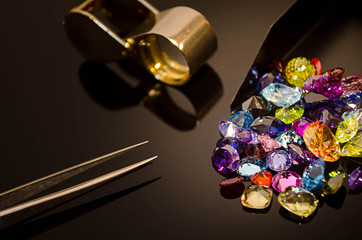 Jewel on black shine color, Collection of many different natural gemstones 
amethyst, lapis...