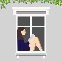 girl reading book sitting at the window illustration