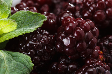 Juicy blackberries  with mint leaves closeup