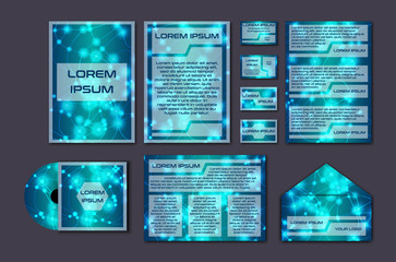 Corporate template set with glowing abstract layout. Vector company style for brandbook and guideline.