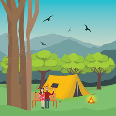 couple camping in forest man and woman with fire in front of the tent  mountain trees at the background