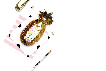 Styled background. Mock-up photo. Fashion and trendy. Flat lay. Stationery items, polka dots pattern with pineapple and pencil, gold stapler. Header for site, hero