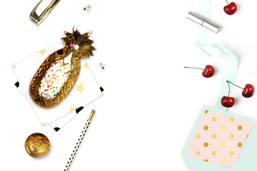 Styled background. Mock-up photo. Fashion and trendy. Flat lay. Stationery items, polka dots pattern with pineapple and pencil, gold stapler. Header for site, hero