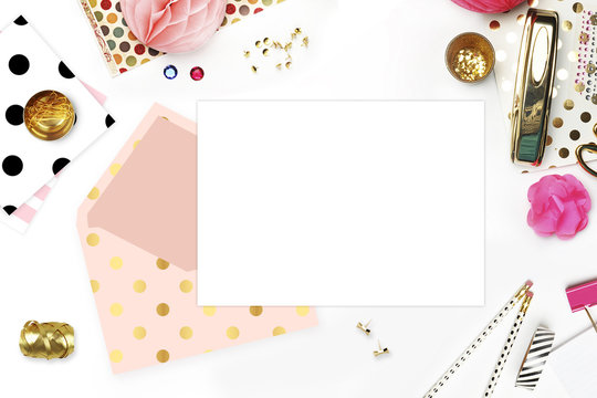 Header website or Hero website, Table view office items, white background mock up, woman desk. Polka gold pattern and blush
