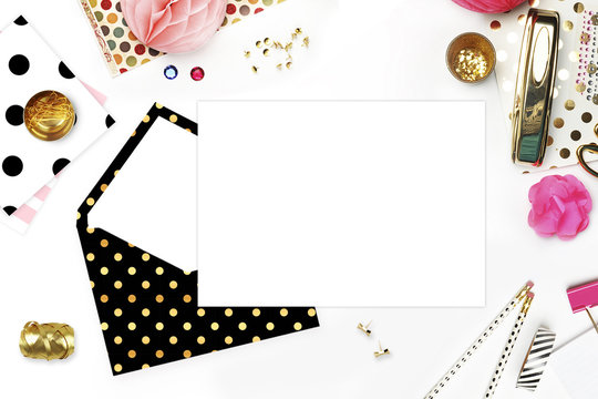 Header website or Hero website, Table view office items, white background mock up, woman desk. Polka gold pattern and blush