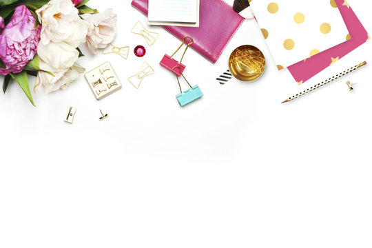 Flat lay. Feminine scene. Office background. Mock-up for your photo or text Place your work. Woman desktop, template card, Peonies and gold stationery. Gold Polka. Header website or Hero website.