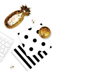 Black and White pattern, mock-up background. Keyboard with pineapple on the table. Flat lay
