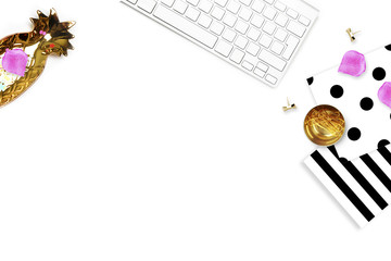 Table view office items, white background mock up, woman desk. Flat lay. Envelope