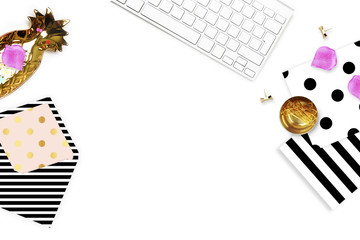 Table view office items, white background mock up, woman desk. Flat lay. Envelope