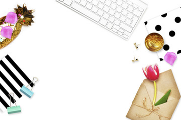 Table view office items, white background mock up, woman desk. Flat lay. Envelope