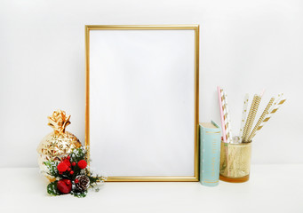 gold picture frame with decorations. Mock up for your photo or text Place your work, print art,shabby style, white background, pastel color book