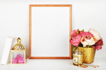 picture frame with decorations. Mock up for your photo or text Place your work, print art,shabby style, white background, pastel color book