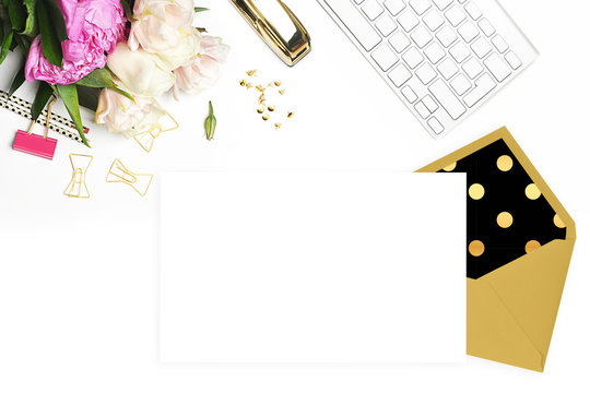 Mockup product view table gold accessories. stationery supplies. glamour style. Envelope and template blank.Header website or Hero website. Flat lay