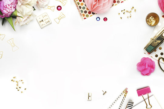 Flat lay. White background. Woman desktop, template card, Mock up for your photo or text Place your work. Peonies and gold stationery. Gold Polka. Header website or Hero website