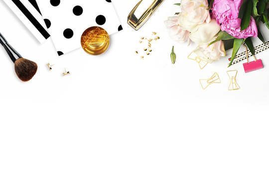 Mockup product view table gold accessories. stationery supplies. glamour style. Gold stapler. black polka dots . Header website or Hero website. Flat lay