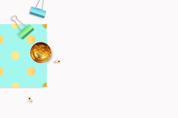 Background mock up. Hero and header for site. Flat lay. Stationery golden. Feminine scene. Woman modern desk top. Elegant background. Mint with gold polka dots pattern Flat lay.