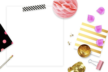 Woman modern background. Flat lay. Glamour style. Stripe and polka dots patterns. Table view. Mock-up.