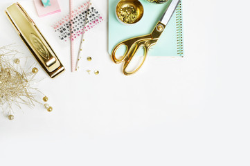 Flat lay. Mock-up product view table gold accessories. stationery supplies. glamour style. Gold stapler. polka gold. Header website or Hero website. Workspace. Home office