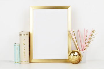 gold picture frame with decorations. Mock up for your photo or text Place your work, print...