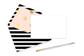 Mockup Invitation, pencil, table view, envelope. Flat lay