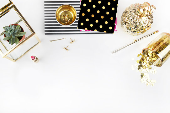 Gold & Black. Header website or Hero website, Mockup product view table gold accessories. Flat lay. Workspace. Background mock-up. Peonies in vase
