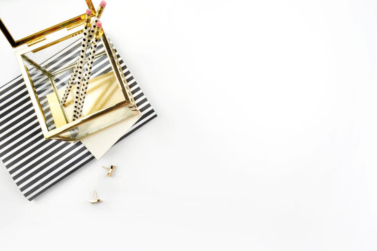 Header website or Hero website, view table gold accessories office items. flat lay