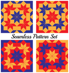 Set of 4 modern geometric seamless patterns with rhombus and squares of blue, red and orange shades
