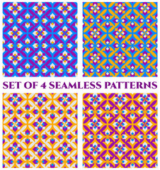 Collection of 4 beautiful decorative seamless patterns with geometric ornament of violet, blue, yellow and white shades