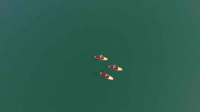 AERIAL: Surfer girlfriends SUP boarding on flat water surface in sunny evening