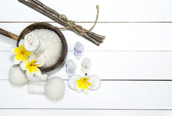 Spa Treatments  and massage on wooden white
