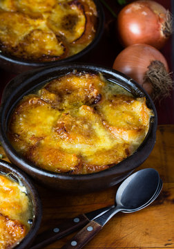 Onion soup with dried bread and cheese. Selective focus