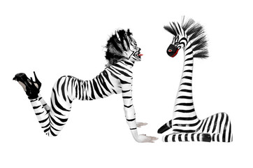 girl with zebra body paint sticking out his tongue to a zebra wo