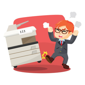 Angry businessman kicking photocopy machines