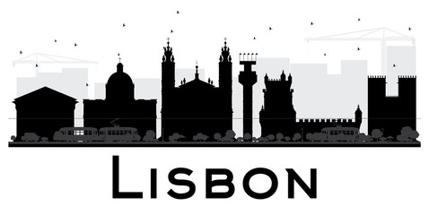 Lisbon City skyline black and white silhouette.