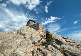 Harney Peak Fire Lookout Tower and stone stairway in Custer State Park in the Black Hills of South Dakota USA