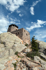 Fototapeta na wymiar Harney Peak Fire Lookout Tower and stone steps in Custer State Park in the Black Hills of South Dakota USA