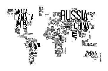 Fototapeta na wymiar World Map with Countries name text, World Map Letter, World Map Typography