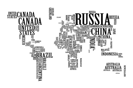 World Map With Countries Name Text, World Map Letter, World Map Typography