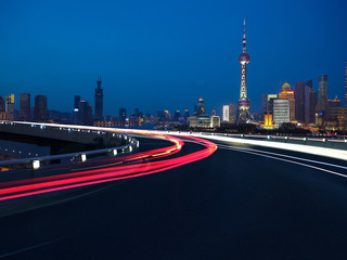 Empty road floor with bird-eye view at Shanghai bund Skyline