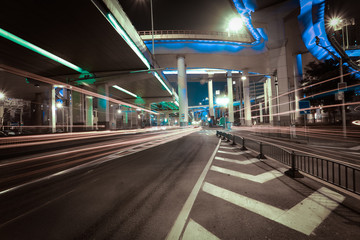 Empty road floor with city elevated bridge of night